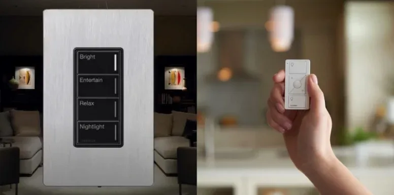 A Lutron keypad with lighting scenes, and a Pico remote in hand